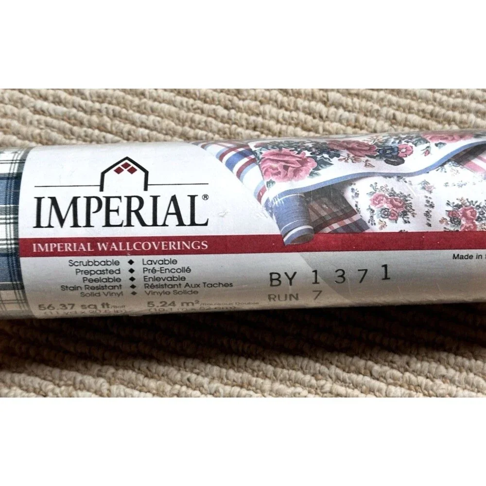 Imperial Wall paper Plaid vinyl Blue White 11 yd x 20.5 inch Union Made USA vtg